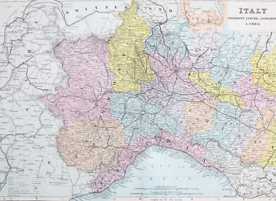 1887 ANTIQUE MAP ITALY PIEDMONT LIGURIA LOMBARDY EMILIA PLACENZA TURIN PINEROLO - Image 1 of 4