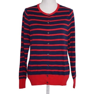 Lands End Womens Cardigan Sweater Size M Navy Blue Red Striped Button Front - Picture 1 of 7