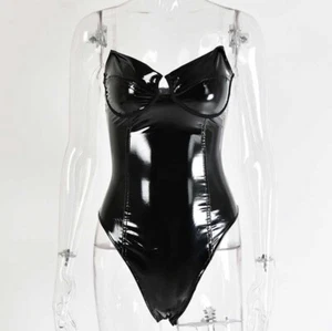 Sexy Leather Bodysuit Lingerie Zipper Teddies Breast Exposing V Neck LARGE - Picture 1 of 6