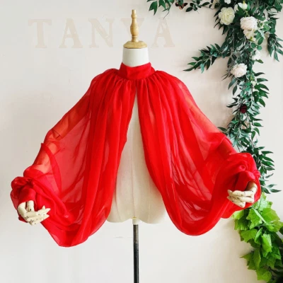 Capa de boda de gasa mangas hinchadas accesorios chal corto talla libre cuello alto Foto 1 de 4