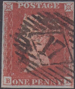 1841 SG10 1d DEEP RED BROWN PLATE 55 LONDON INLAND '17' CANCEL 4 MARGINS (BD) - Picture 1 of 2