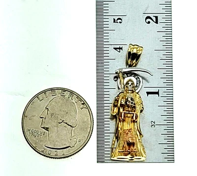 Santa Muerte Holy Death Grim Reaper Charm New 3D 1.5" Long Pendant Real 14k Gold - Image 1 of 4