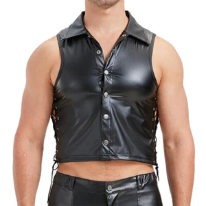 Men Sexy PU Leather Side Hollow Out Lace-up Button Tank Tops Stage Club Vest New - Picture 1 of 14