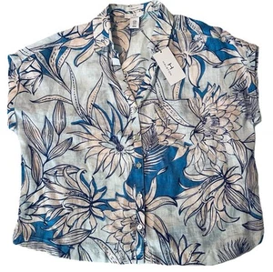 Neu mit Etikett Halston Bluse Knopfleiste Damen Medium Blumenmuster Flügelärmel Leinen - Bild 1 von 5