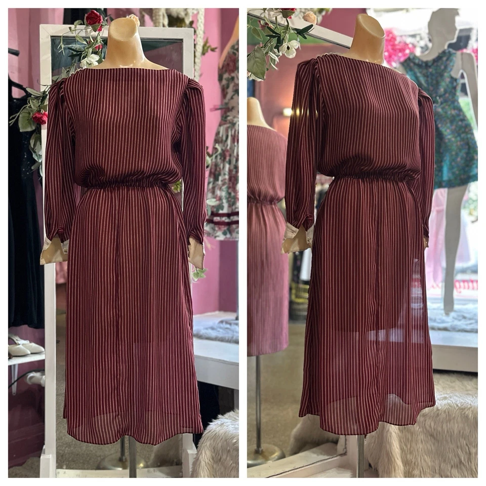 Vintage 80s Midi Dress Burgundy White Secretary Tailored Stretchy Pinstripes S/M - Image 1 of 4