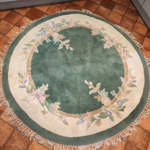 Alfombra redonda circular verde floral china vintage flecos beige flores azules 57" - Imagen 1 de 15