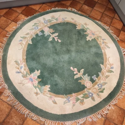 Round circular green floral Chinese Vintage Rug fringe beige blue flowers 57" - image 1 of 4