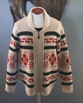 Pendleton WESTERLEY Creme Black Red Wool Zip Cardigan Sweater size L men - Image 1 of 4
