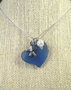 SAPPHIRE BLUE Sea Glass Jewelry flat HEART pendant w pearl, starfish 20" chain - Picture 1 of 5