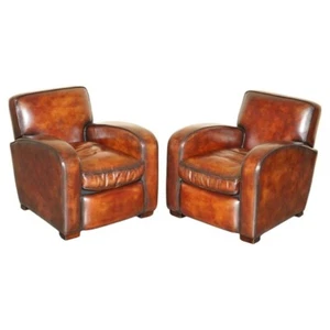 LUXURIOUS PAIR OF ART DECO FULLY RESTORED CIGAR BROWN LEATHER CLUB ARMCHAIRS - Picture 1 of 24