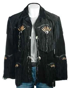 Men Western Cowboy Suede Fringe Jacket Beaded Native American Leather Jacket - Picture 1 of 4