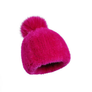 Women Real Mink Fur Knitted Beanie Hat Fox Fur Pom Winter Warm Stretch Cap Soft