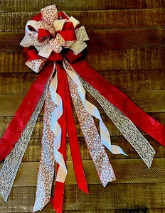 Christmas Tree Topper Bow for wreath long tails 10INx24IN Handmade ships fluffed - Picture 1 of 7