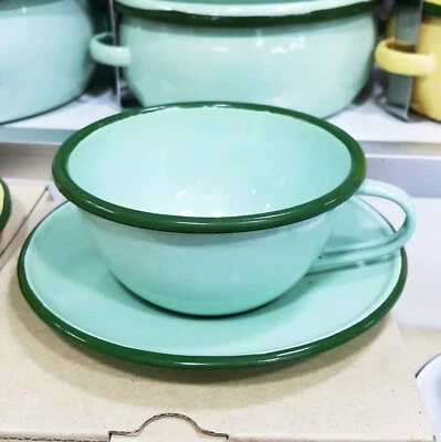 Coffee Cup Enamel Mug Drinking Coffee Cup Tea cup Plate Set Enamel Light Green - Image 1 of 4