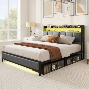 LED Bed Frame Queen Size Platform with Shelf Storage & Upholstered Headboard - Picture 1 of 7