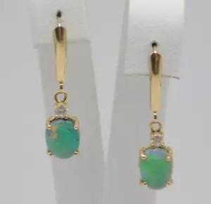 LOVELY VINTAGE 14K GOLD FIERY FIRE OPAL DOUBLET DIAMOND STONE DANGLE EARRINGS - Picture 1 of 16