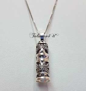 Sterlingsilber Mezuzah Etui Anhänger mit Schriftrolle Davidstern 18" Kette Israel - Bild 1 von 3