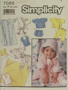 SIMPLICITY 7085 Babies Layette/Kimono Pants Diaper Cvr Sacque Bib PATTERN NB-12M - Picture 1 of 3