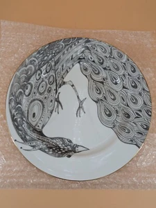 Anthropologie Peacock Dinner Plate Black White Gold Trim 10” Dish Japan New - Picture 1 of 8