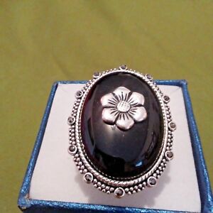 Black Agate Grey Austrian Crystal Stainless Steel Flower Ring Sz 6 - 20.12 cts