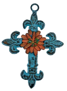 Türkis Gusseisen Kreuz 6" Fleur de Lis Muster Orange Blume Rustikal Dekor - Bild 1 von 3