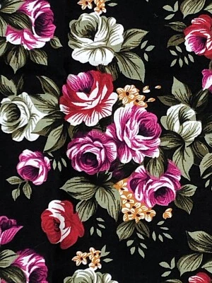 Shabby Chic Vintage Roses Cotton.Spoonful Romantic Roses On Black Color. BTY - Image 1 of 4