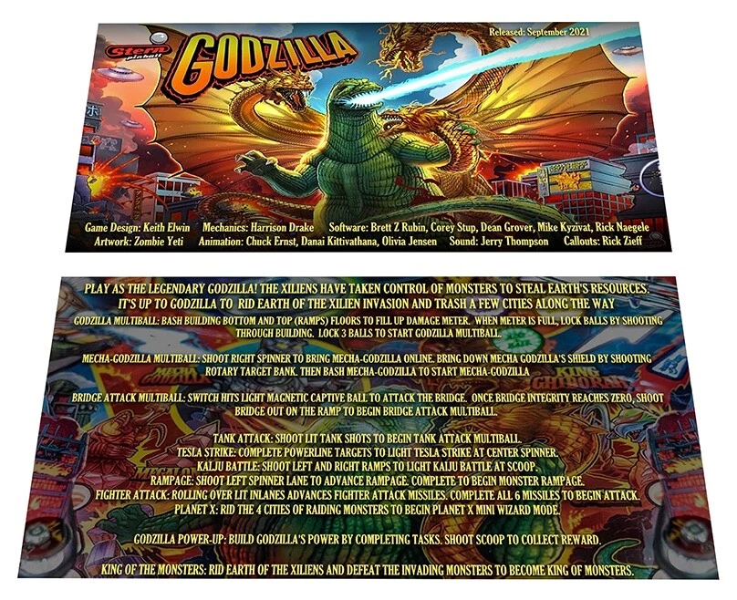 Tarjetas de instrucciones Stern Godzilla Premium Pinball personalizado delantal Foto 1 de 1