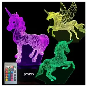 LJOYKID 3PCS 3D Unicorn Night Light——3D Unicorn Lamp 3 Pattern 7 Colors Chan - Picture 1 of 8