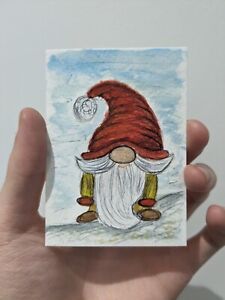 ACEO Orginal Hand painted Gnome Illustration Watercolour Stature Small Signed