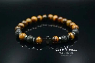 Мужской гематит лава Tiger's eye крест драгоценных камней браслет макраме подарок для мужчин - Изображение 1 из 4