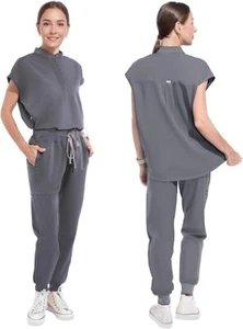 Scrubs for Women Scrub Sets,Slim Scrubs Stretch Top&Jogger Scrub Pants Dark Grey - Picture 1 of 15