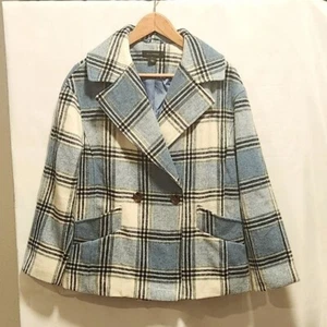 Halogen Damen Gr. XS blau-weiß karierter zweireihiger Erbsenmantel mit Taschen - Bild 1 von 8