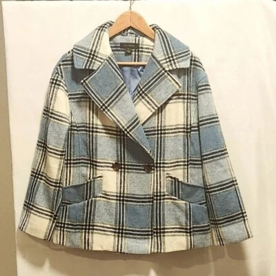 Halogen Women's Size XS Blue and White Plaid Double Breasted Pea Coat W/Pockets - Image 1 of 4