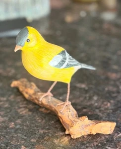 Hand-Carved Wooden American Goldfinch Bird on Natural Branch – Signed Japanese - Picture 1 of 10