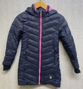 SPYDER FULL ZIP HOODED MID LENGTH WINTER JACKET Girls Size S (7-8) PUFFER Black - Picture 1 of 10