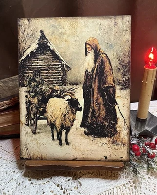 Rustic Santa,  Sheep, Old Fashioned Christmas, Handcrafted Plaque / Sign #2 - Image 1 of 3