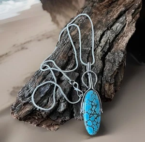 Turquoise Gemstone Pendant Necklace- 925 Sterling Silver Plated- New - Foto 1 di 5