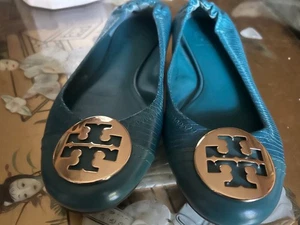 Tory Burch Serena 2 Ballet Plano Eléctrico Anguila/Verde azulado Oro Cuero 7,5 M - Imagen 1 de 11