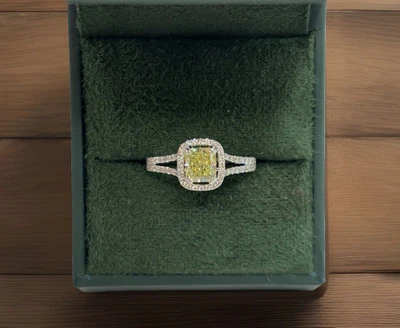 Anillo de diamantes amarillos y blancos de lujo natural GIA en oro blanco de 18 k, tamaño 6,75 Foto 1 de 4