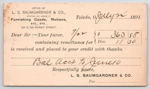 1891 L.S. Baumgardner & Co Einrichtungsgegenstände Toledo Werbepostkarte - Bild 1 von 2