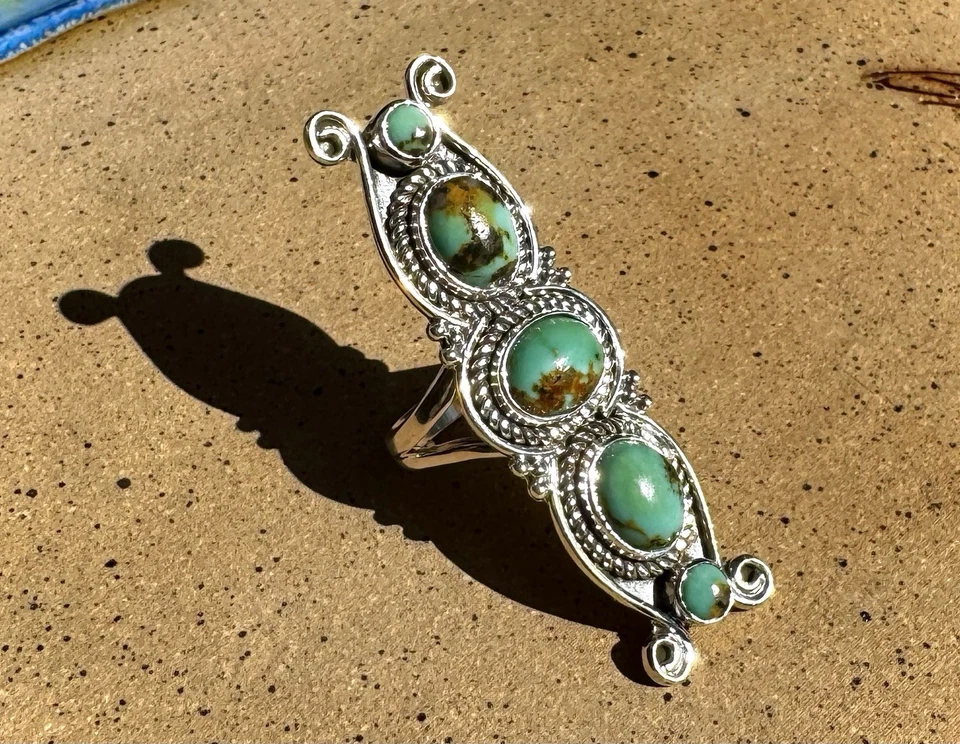 Anillo contemporáneo alargado de plata de ley y turquesa talla 6 Foto 1 de 4