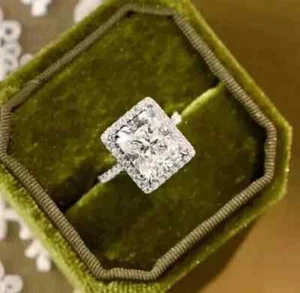 2.60CT Radiant Cut Moissanite Halo Wedding Engagement Ring 14K White Gold Plated - Imagen 1 de 12