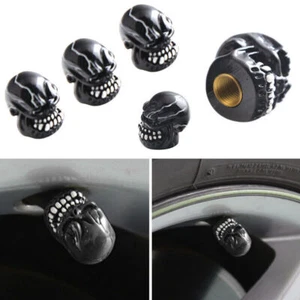 4x Black Skull Skeleton Head Car Wheel Tyre Tire Air Valve Stem Cap Dust Cover - Picture 1 of 6