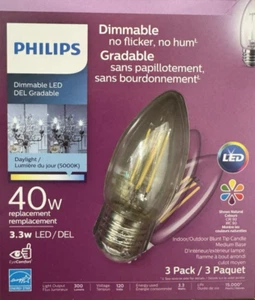 3 Philips 40-Watt Clear B11 Blunt Tip Daylight Bright LED Bulbs w/Standard Base - Picture 1 of 3