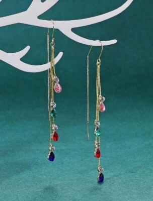 Womens Long Multicoloured Water Drop Rhinestone Decor Dangle Drop Gold Earrings - Image 1 of 4