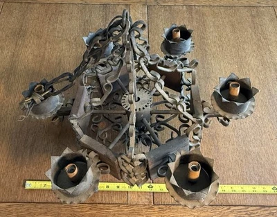 Vintage Spanish Revival Wrought Iron Chandelier 6 Light Black Gothic Hanging - Image 1 of 4