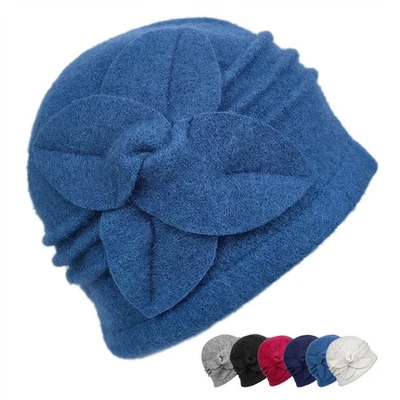 MARKENLOS Vintage Damen Beanie Mütze Kopfbedeckung Winter Warm Wolle Cloche Hut mit Blume
