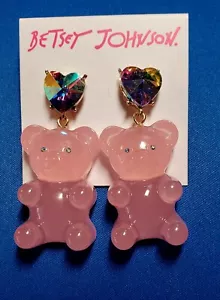 Betsey Johnson Pink Resin Gummy Bear Drop Earrings Crystal Hearts -NEW - Picture 1 of 3