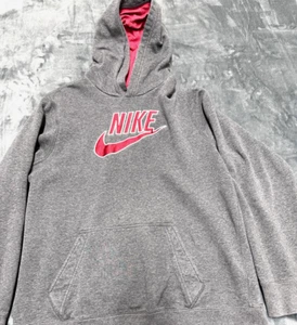 Nike Hoodie Sweatshirt Youth XL Gray Red Embroidered Swoosh Logo Y2K Vintage - Picture 1 of 9