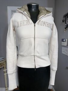 Abercrombie & Fitch Hoodie Women Small Ivory Embroidered Faux Fur Lined Full Zip